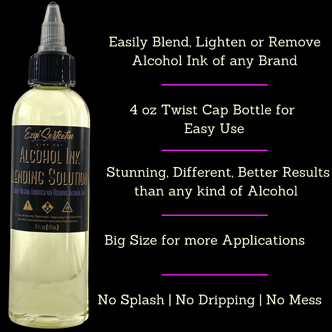 Premium Alcohol Ink Blending Solution | Alcohol Based Dye Paint Blending Mixing Solution to Lighten, Blend, Dilute, Re-Wet, Remove or Lift Ink |4 oz by volume | by Ezgi Sertcetin