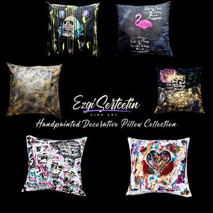 Exquisite Handpainted Decorative 100% Cotton Designer Pillow  | 20x 20 | by Ezgi Sertcetin