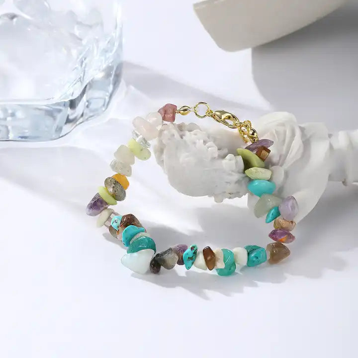 Handmade Natural Gemstones Colorful Chain Bracelet | Set of 2 | Quartz | Agate | Gemstone | Crystal Beaded | Crushed Stone | Chain Bracelet Set | Happiness and Mental Support Boost | WithLove