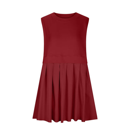 Pleated Round Neck Sleeveless Mini Dress